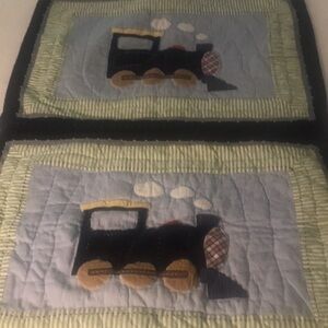 2 Pottery Barn Kids Appliqué Train Pillow  Shams Covers Blue Ticking Standard